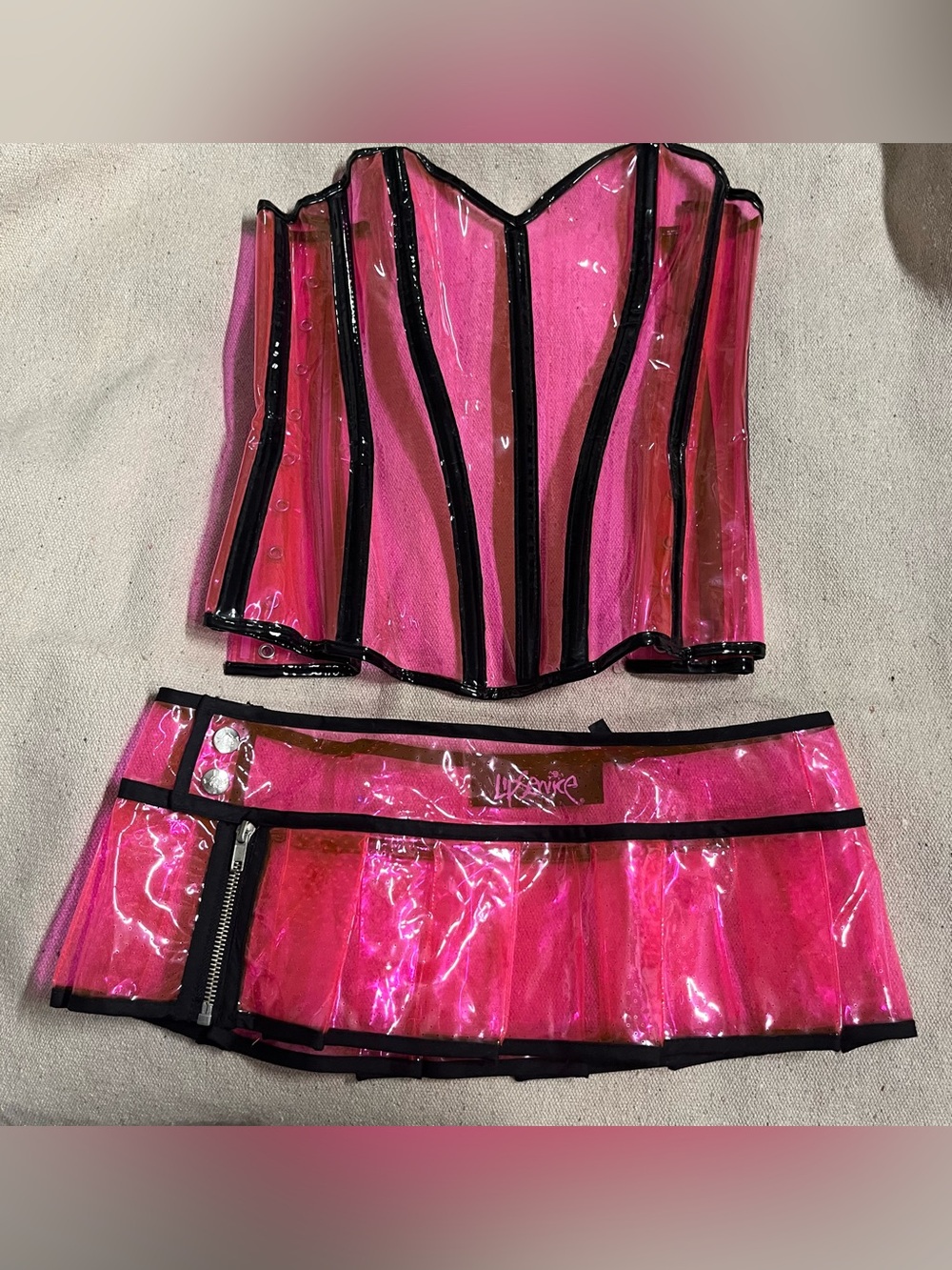 Lip Service Hot Pink PVC Mini Skirt and Corset Set with Black Trim